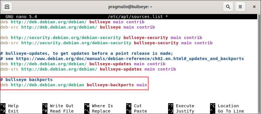 Screenshot of editing /etc/apt/source.list with the Nano text editor. It shows how to add the Debian Backports repository to it.