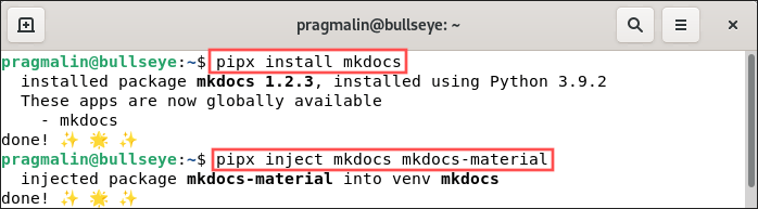 Terminal screenshot that shows you how to use the pipx inject command. The example injects the mkdocs-material theme into the isolated environment that pipx created for the mkdocs application.