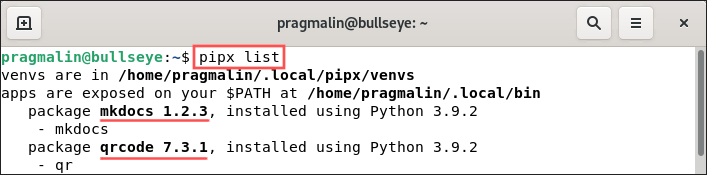 Terminal screenshot that shows you the output of the "pipx list" command, to see which Python applications were installed with it.