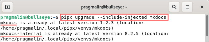 Terminal screenshot that shows you how to upgrade a pipx installed Python application, including the packages that you manually injected into its isolated environment.