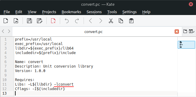 Screenshot of the convert.pc pkg-config file for the libconvert shared library.