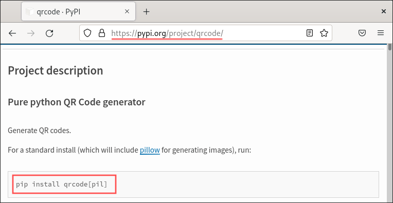 PyPI website screenshot, showing you the installation instructions of package qrcode.