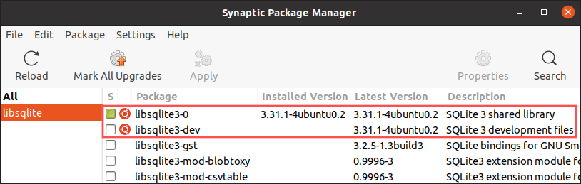 Screenshot of the Synaptic package manager, showing the different between a shared library package and its development version counterpart. It shows the libsqlite3-0 and libsqlit3-dev package as an example.