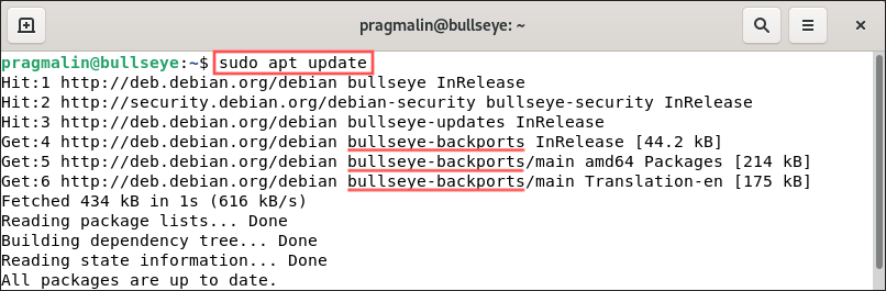 Screenshot that shows the output of running "sudo apt update" after adding the Debian Backports repository to /etc/apt/sources.list.