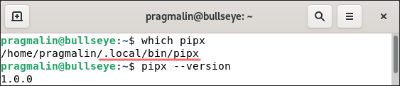 Terminal screenshot that shows you the location and version of the pipx executable, after installing it with pip.
