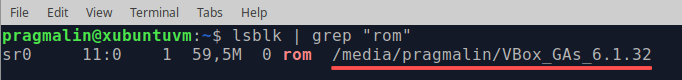 Terminal screenshot that shows how to find out where Ubuntu 22.04 mounted the VirtualBox guest additons CD image.