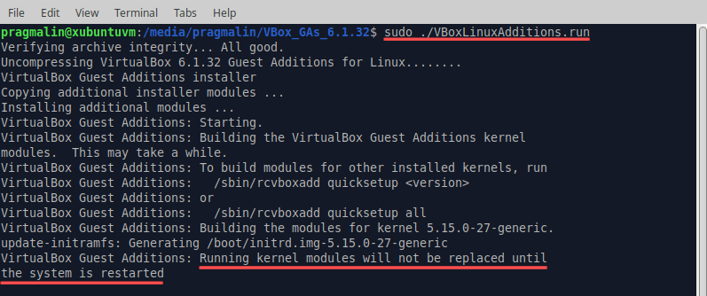 Terminal screenshot that shows the output of the VBoxLinuxAdditions.run installer program that installs the VirtualBox guest additions in your Ubuntu 22.04 virtual machine.