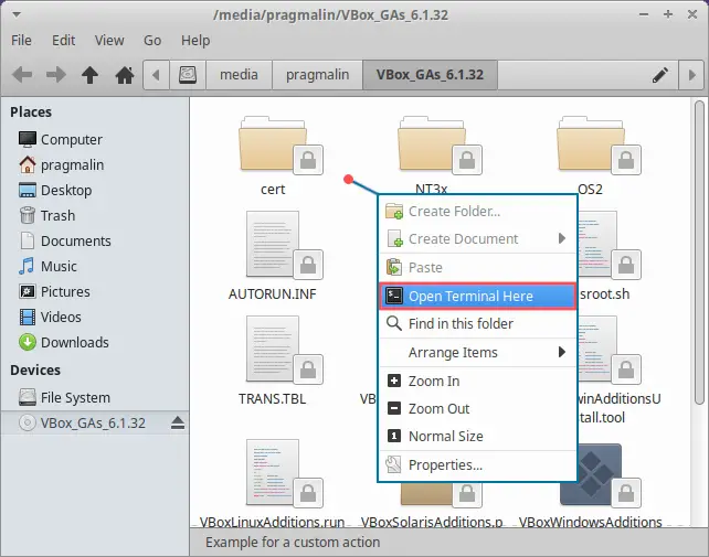 File manager screenshot that shows you how you can quickly open the terminal in the directory where Ubuntu 22.04 mounted the VirtualBox guest additions CD image.