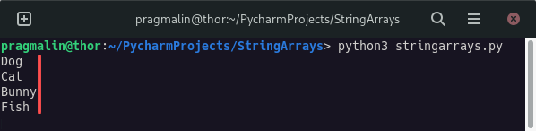 Output of a Python script that loops over each element of a string array and prints the element's value to the screen.