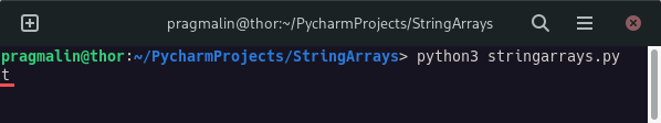Screenshot that shows the output of a Python script that prints a character array element.
