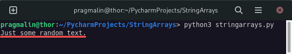 Terminal screenshot showing the output of a Python script that prints the value of a string.