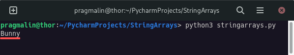 Output of a Python script that creates and array of strings and prints one element at a specific array index onto the screen.