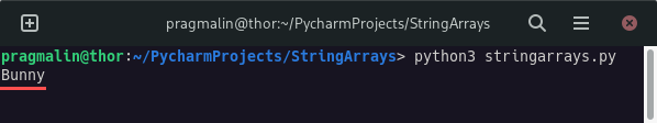 Screenshot showing the output of a Python program that randomly selects an item from a previously created array of strings.
