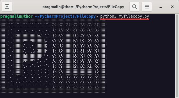 Terminal screenshot that shows the output of running the Python example script for reading a text file line by line.