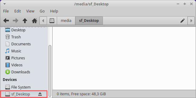 File manager screenshot that shows that VirtualBox mounted the shared folder.