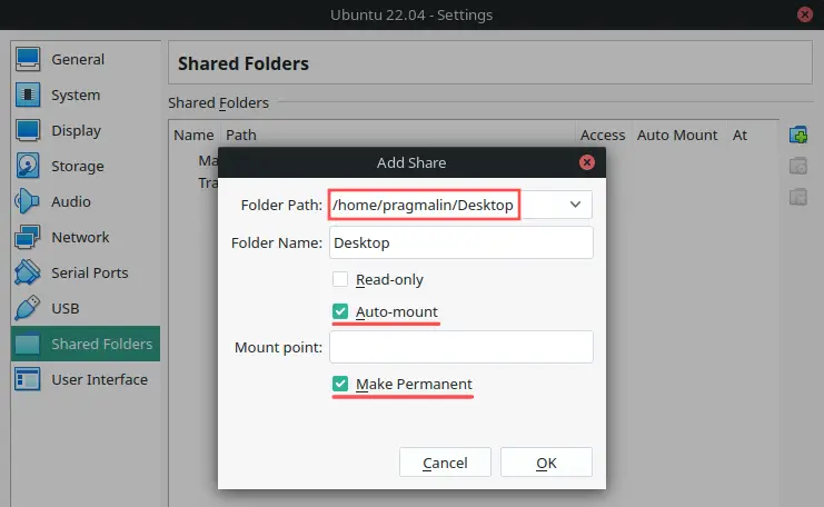 Screenshot illustrating how to enable the shared folder for your VirtualBox virtual machine.