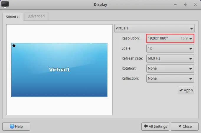 Screenshot of the XFCE display settings application to check the screen resolution to verify the successful installation of the VirtualBox guest additions in the Ubuntu 22.04 virtual machine.