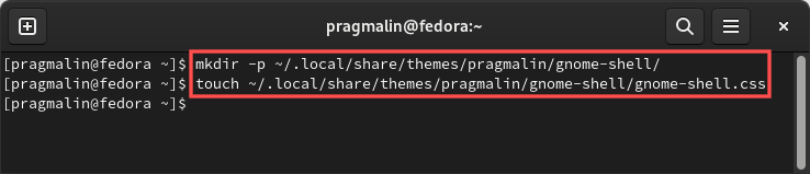 Terminal screenshot that shows how to manually create a new empty Gnome shell theme.