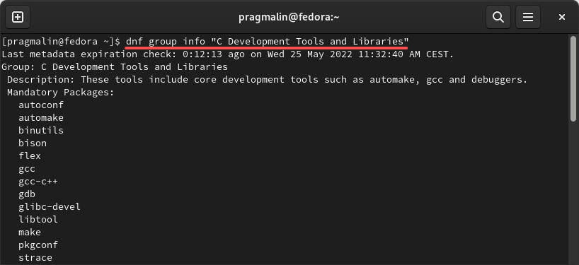 Screenshot that illustrates how to use the "dnf group info" command to inspect the contents for the group "C Development Tools and Libraries".