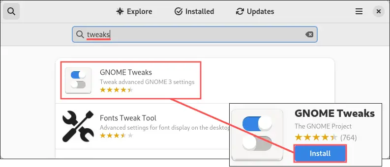 Screenshot of the Gnome software application that highlights how to locate and install the Gnome Tweaks application.