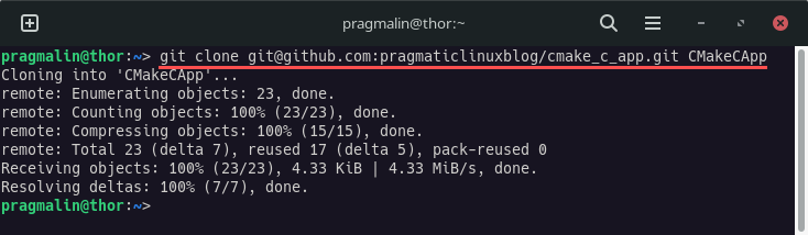 Terminal screenshot demonstrating how to clone the git repository, used for example purposes in this article.