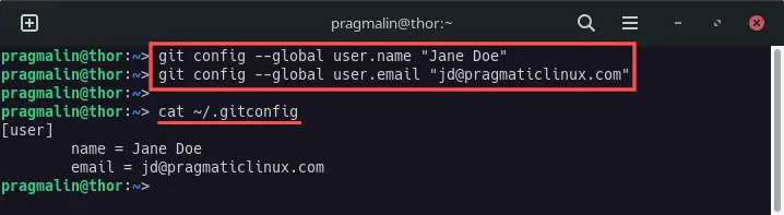 Terminal screenshot showing you how to setup your global Git username and email with the "git config" command.