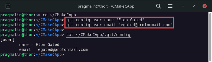 Terminal screenshot that shows how to setup the Git username and email for a local Git repository.