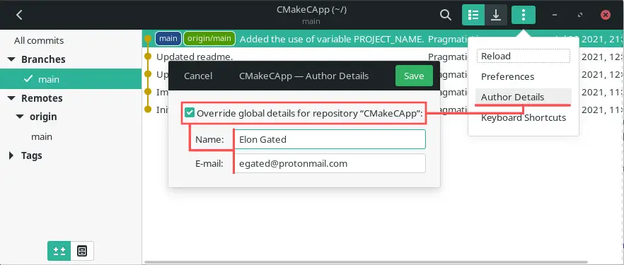 Gitg screenshot that explains how to override and configure a username and email for a specific Git repository that you cloned.