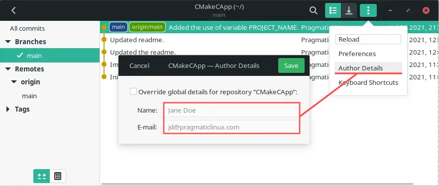 Gitg screenshot that explains how to view your globally configured Git username and email.