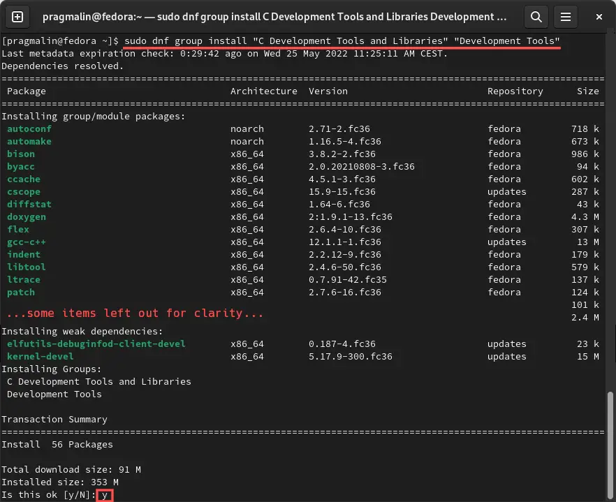 Terminal screenshot that shows how use DNF to install the equivalent of build-essential on Fedora.