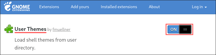 Partial screenshot of the Gnome User Themes webpage, highlighting how to install the extension.