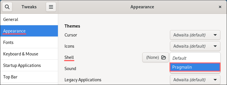 Gnome tweaks screenshot explaining how to change the shell theme to the newly created one that changes the font and font size of the top bar.