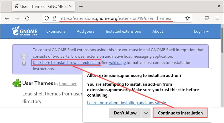 Web browser screenshot of the User Themes Gnome extension site. It highlights how to install the Gnome extension browser extension.