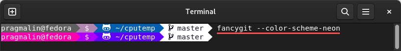 Terminal screenshot that shows how to change the fancy-git color theme.