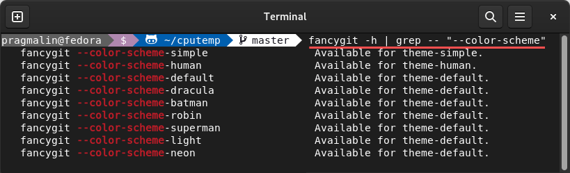 An overview of all the color themes supported by fancy-git.