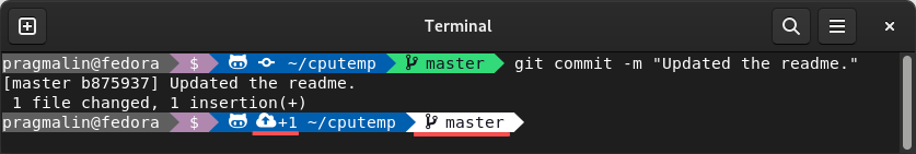 The background color of the Git branch in the Bash prompt changes back to white, after committing the staged files.
