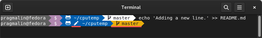 Terminal screenshot that shows that the background color of the Git branch name in the Bash prompt changes to yellow, indicating that files changed inside the currently checked out Git branch.