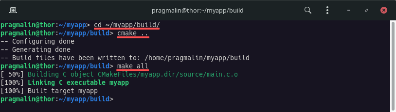 Terminal output of generating a build environment with CMake and then building the application with no GCC warnings enabled.