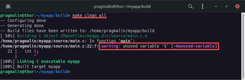 Terminal output of building a CMake generated project with GCC and a Makefile that now shows warnings, after enabling them with flags -Wall -Wextra -Wpedantic.