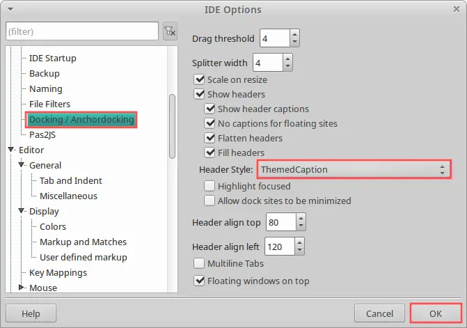 Screenshot of the Lazarus IDE options dialog that explains how to change the header style of the docked windows.