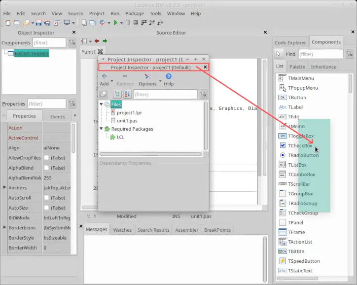Screenshot of the Lazarus IDE that explains how to dock a new window, in this case the project inspector.