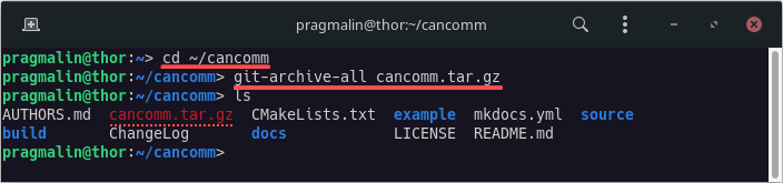 Terminal screenshot demonstrating how to export the contents of a cloned GIT repository, by running the git-archive-all command from within the cloned repository.