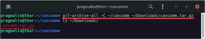 Terminal screenshot that shows how to run git-archive-all from outside the cloned repository location, to export its files.