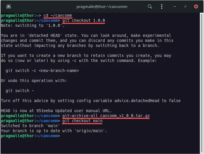 Terminal screenshot demonstrating how to first checkout a specific GIT branch or tag, before running git-archive-all to export the files belonging to just that branch or tag.