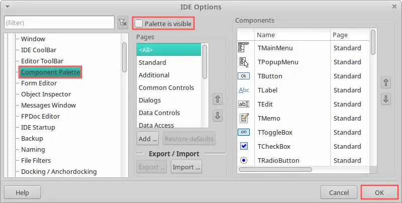 Image of the Lazarus IDE options dialog that explains how to hide the component palette.