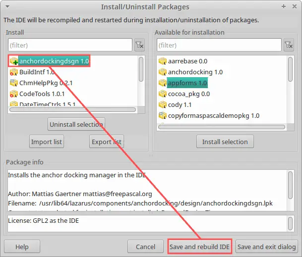 Lazarus IDE dialog that illustrates how to install the anchordockingdsgn package, which enabled single window mode after rebuilding the IDE.