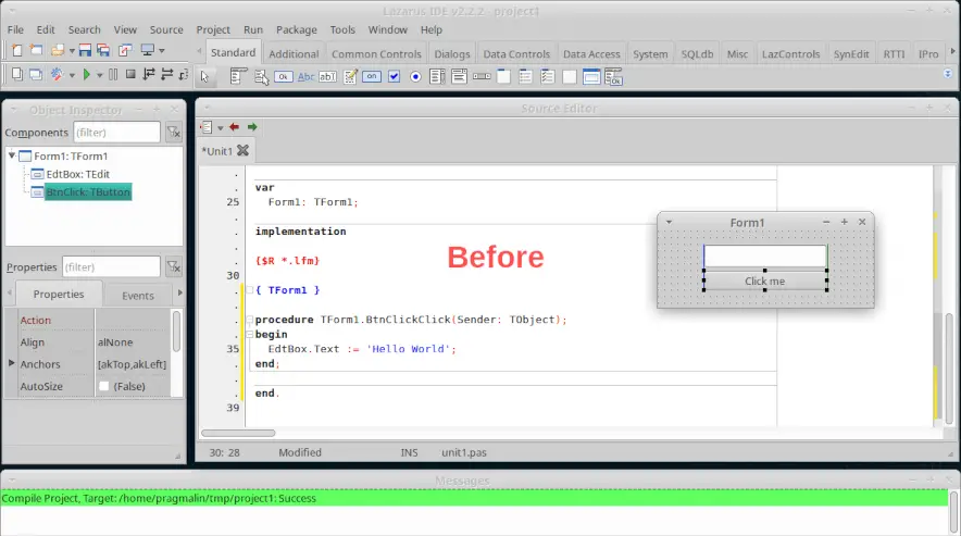 Screenshot of the default Lazarus IDE layout with multipe windows.