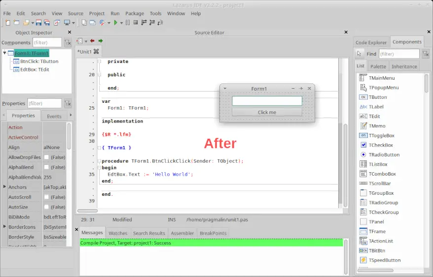 Screenshot of the Lazarus IDE in single window mode, with support for window docking. This is what we'll configure throughout this article.