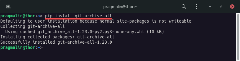 Terminal screenshot that demonstrates how to install git-archive-all from the PyPI with pip.