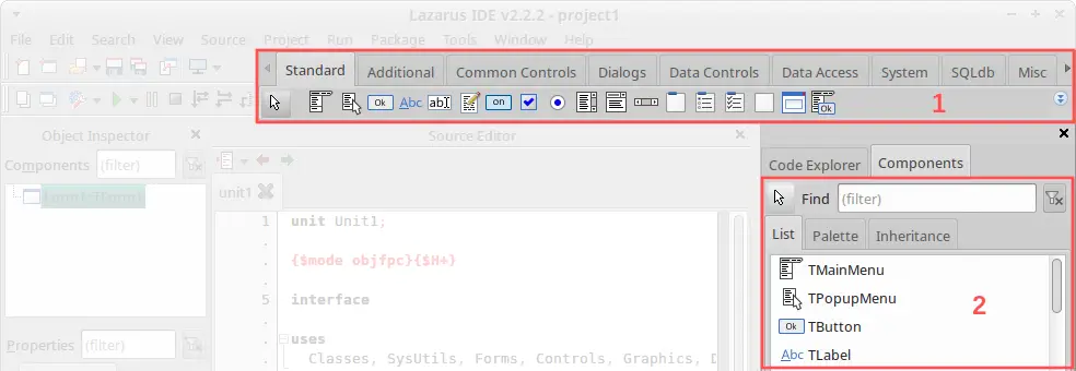 Screenshot of the Lazarus IDE after enabling window docking. It highlights that the component palette is now present two times on the user interface.